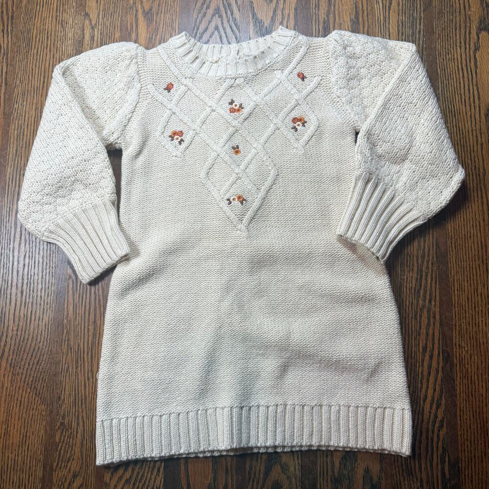Nicole Miller New York 3T Cream Floral Embroidered Diamond Knit Sweater Girls